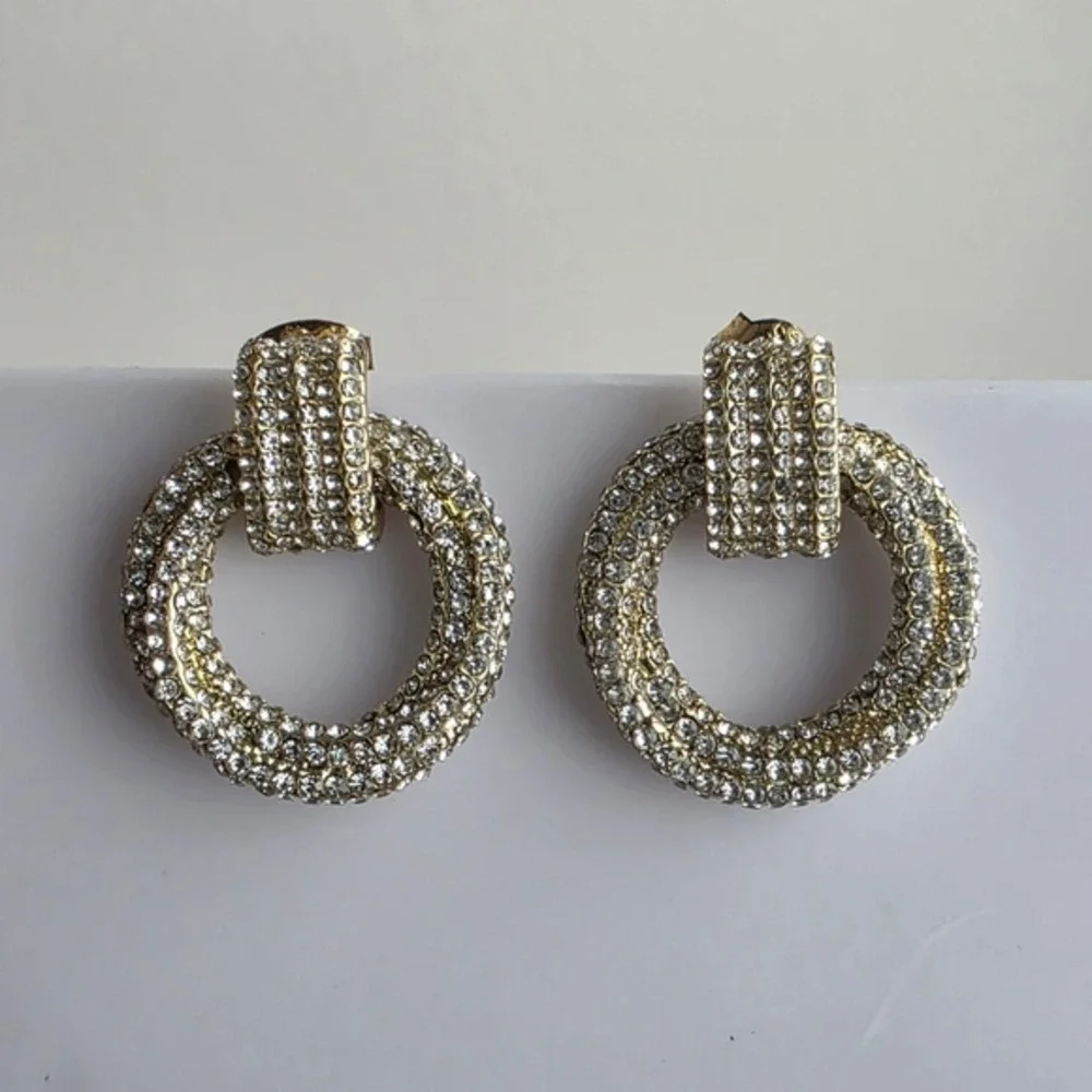 Gold Crystal Door Knob Hoop Earrings Pierced - Picture 3 of 11